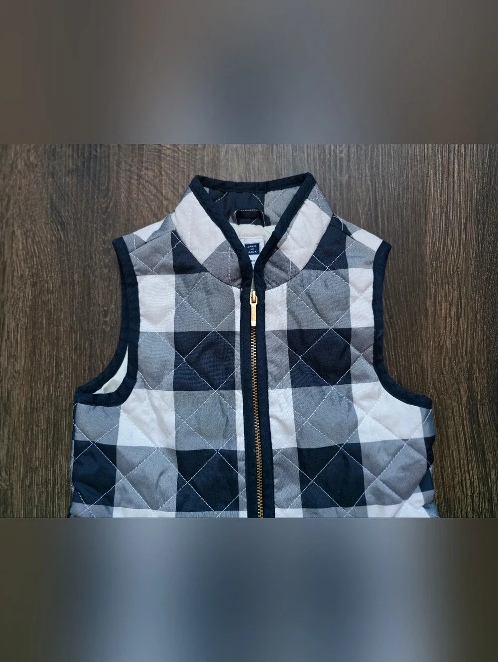 Janie & Jack navy and white buffalo plaid quilted peplum vest